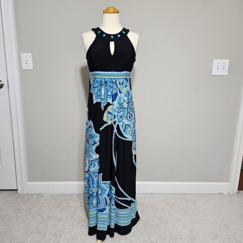 Studio I Petite Black Blue Mandala Halter Maxi Dress Turquoise Gems 4P